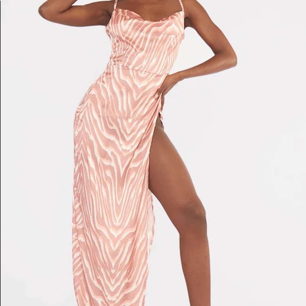 Tall Orange Zebra Print Extreme Split Satin Cowl Neck Maxi Dress